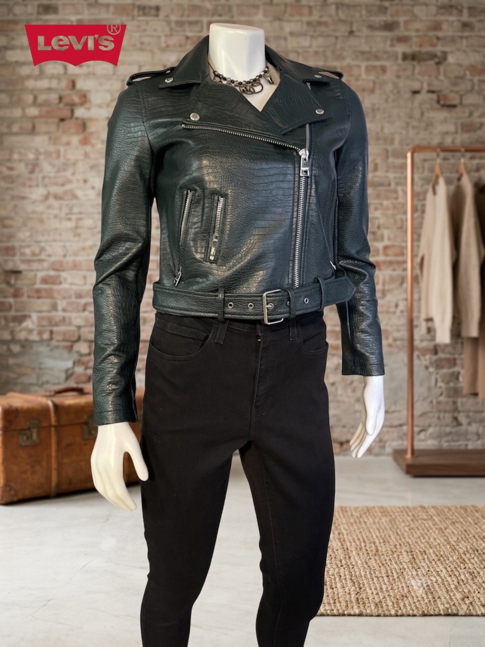 Levi’s Faux Leather Moto Biker Jacket - Petrol Green Croc Textured - Size S